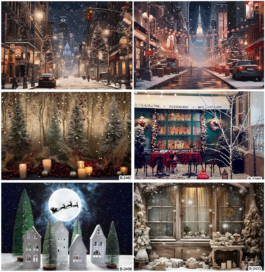 

Christmas Night Street View Landscape Pine Trees Backdrops Photography Family Kids Portrait Snowflake Winter Backgrounds Decor