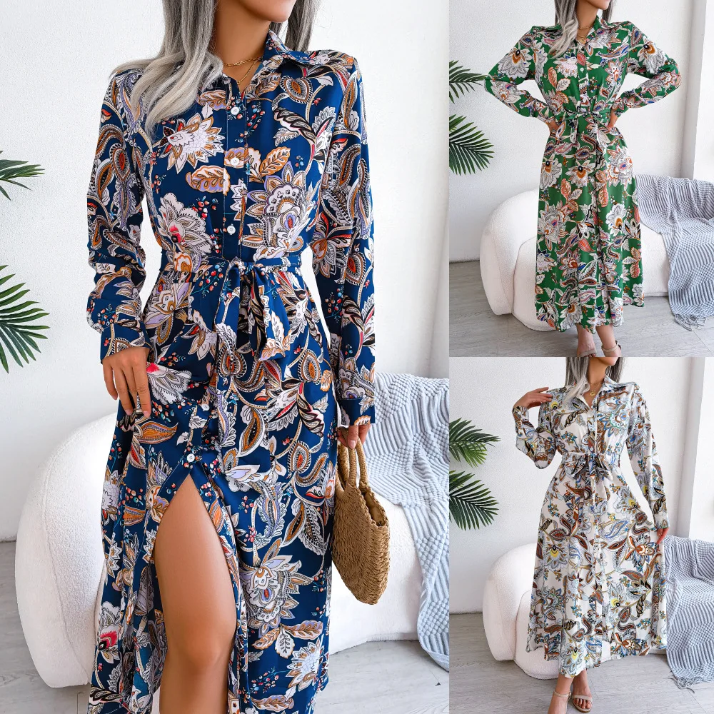 Retro flor impresso camisa saia feminina 2023 primavera verão lapela divisão casual rendas até sexy vestido botão manga longa vestido