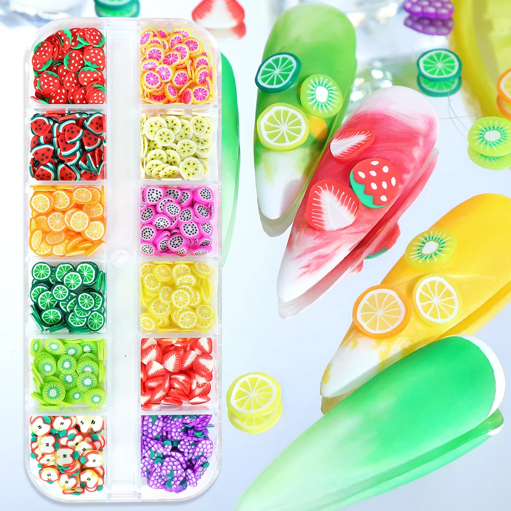 

12-Grid 3D Kawaii Fruit Slice Nail Art DIY Design Decoration Polymer Clay Strawberry Slices Glitter Manicure Accesorios