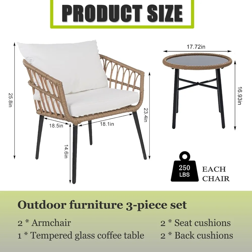 3-teiliges böhmisches Outdoor-Rattan-Terrassenmöbel-Set mit Korbstühlen und Couchtisch