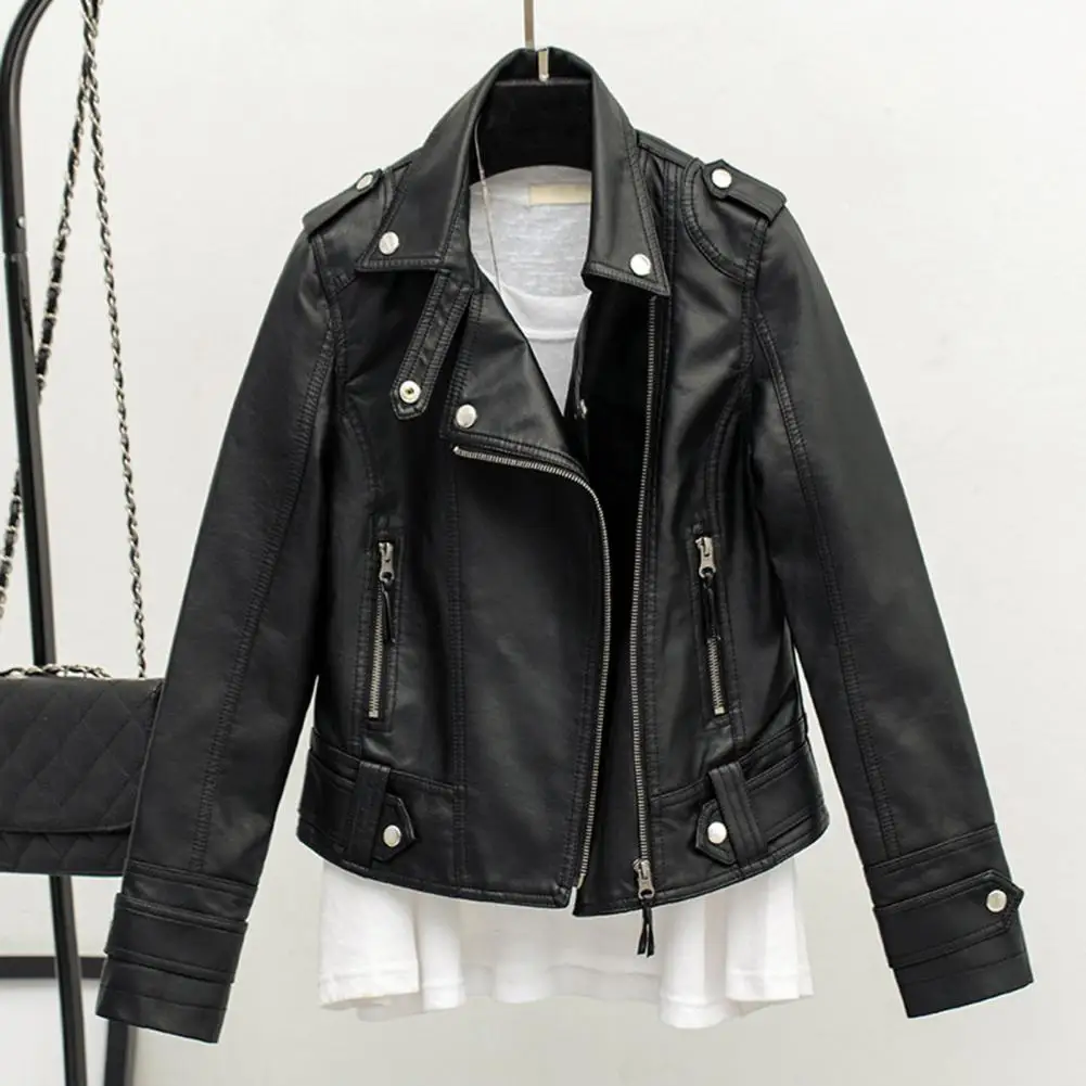 2023 Women Motorcycle Jacket Trench Solid Color Women Coat Faux Leather Jacket Lapel Zipper Placket Short Jacket Female Outwear