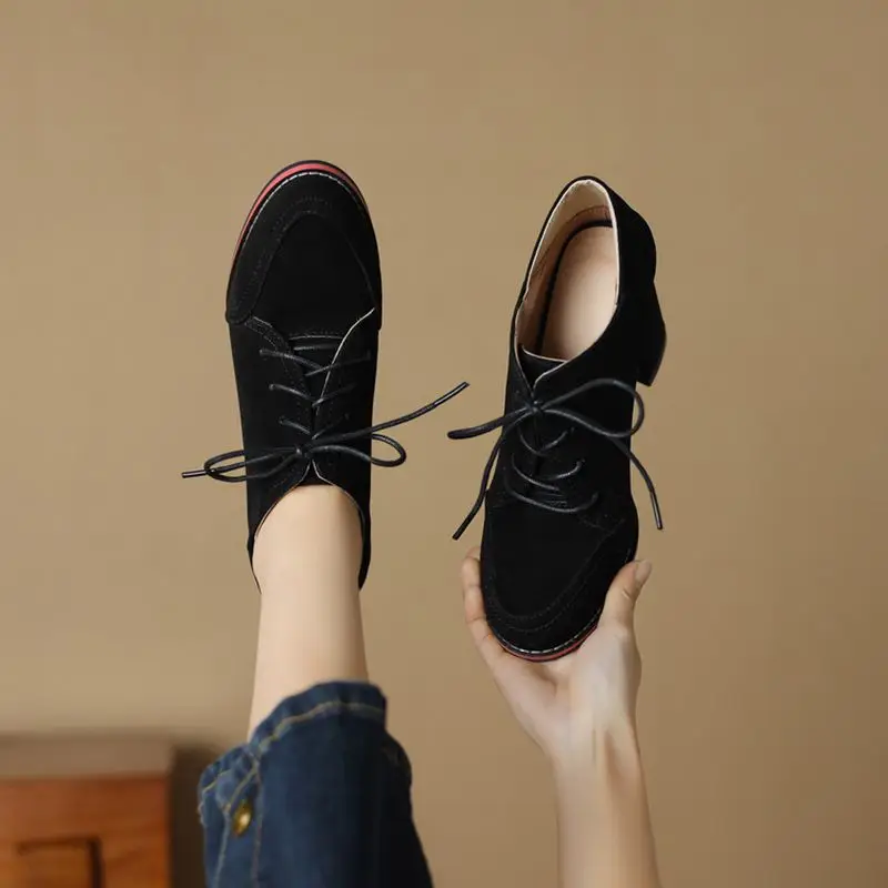 ASILETO Brand Office Lady Pumps Round Toe Block Heels 8cm Lace Up Flock Suede Plus Size 42 43 Fashion Women Daily Shoes Spring