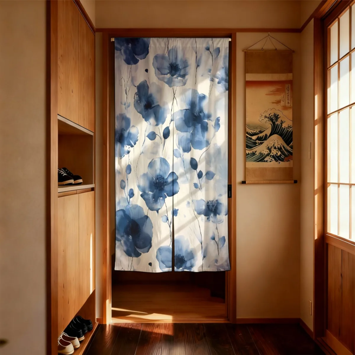 Blue Floral Watercolor Print Sheer Polyester Curtain Doorway Room Divider Drapery Fabric Window Hanging Home Decor Accent Curtai