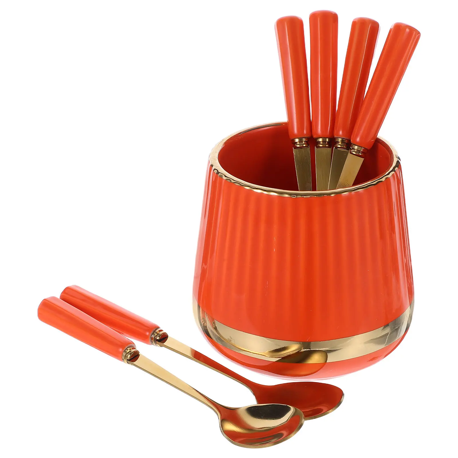 

7Pcs Stainless Steel Gold Espresso Spoons Mini Coffee Dessert Set Ceramic Jar Holder Stylish Kitchen Accessories