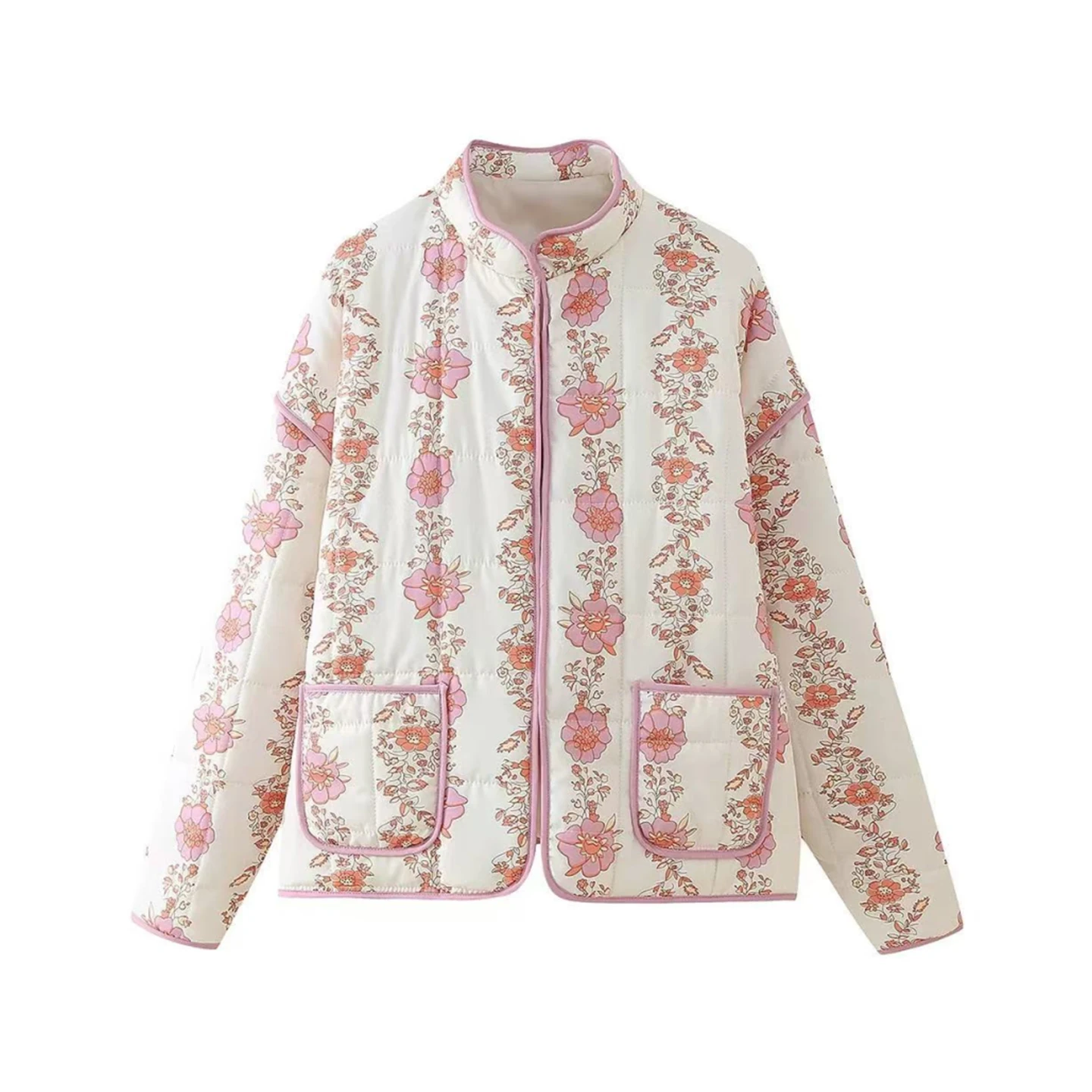 エレガントで多用途な花柄プリントコットンジャケット レディース 通勤スタイル レギュラーフィット 長袖 ジッパー開閉 ポリエステル中綿入り