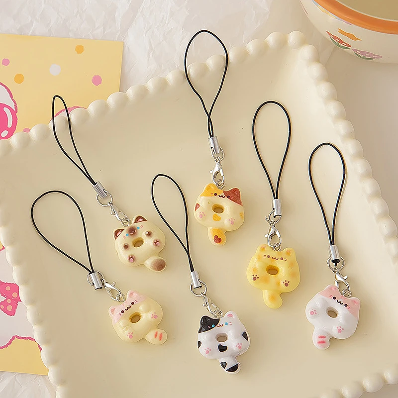 6pcs/set Cat Cookie Phone Charm Strap Soft Kawaii Kitty Couple Keychain Pendant Cute Lanyard Keycord Bag Decoration Gift