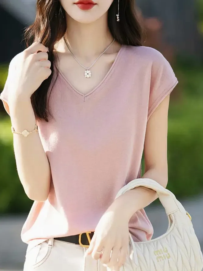 فضفاض محبوك ort Sve V-Ne تي شيرت المرأة الصيف رقيقة لفة أعلى مريحة للتنفس قسط Quali لباس غير رسمي