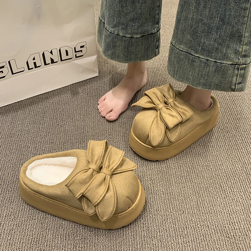 Pantofole alla moda da donna con suola spessa, a forma di fiocco, in pile, calde, alla moda, versatili, comode, antiscivolo e traspiranti