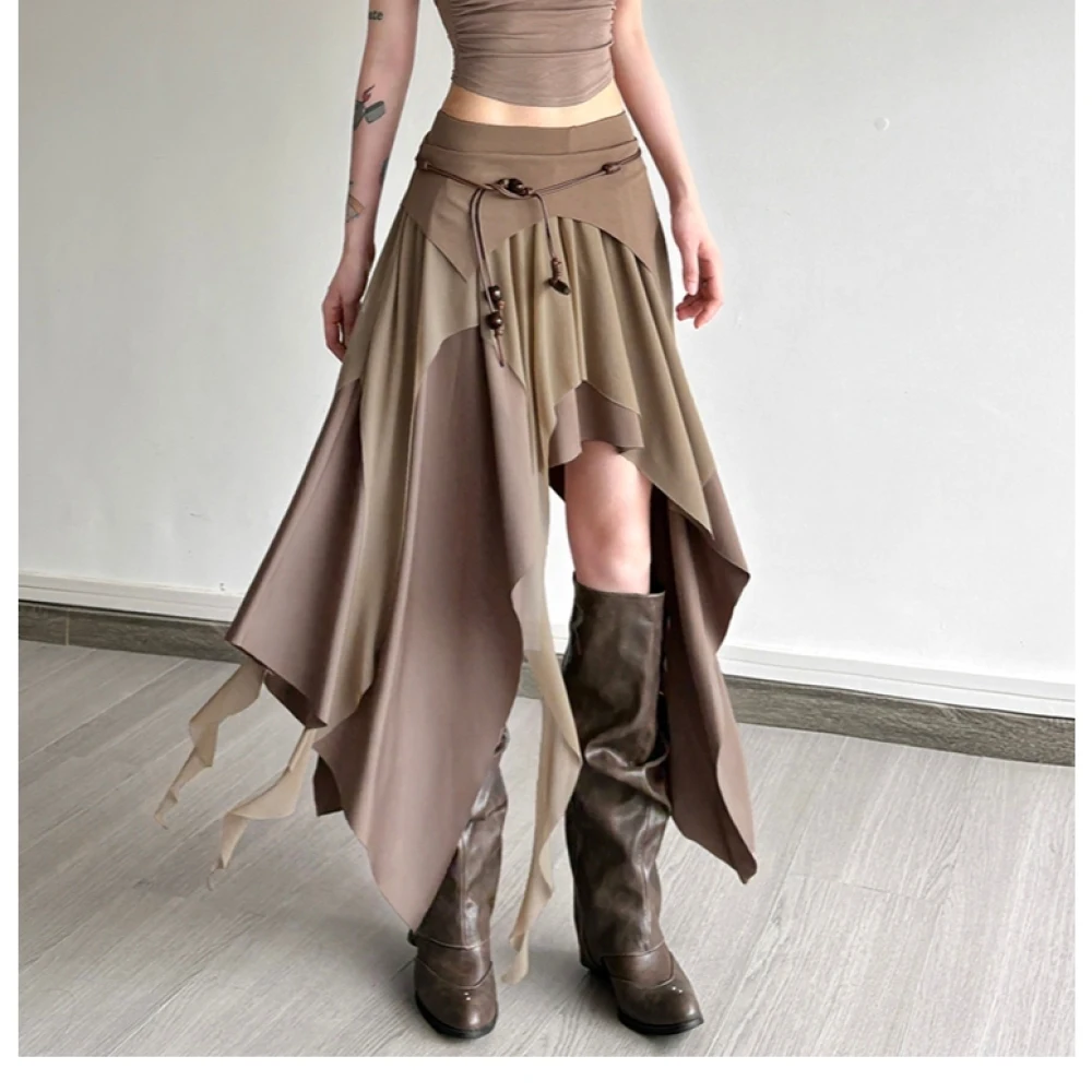 SylCue Ruched Elegant Long Skirts Women High Street Style Solid Irregular Split Hem High Waist New Fashion Causal Simple Bottoms