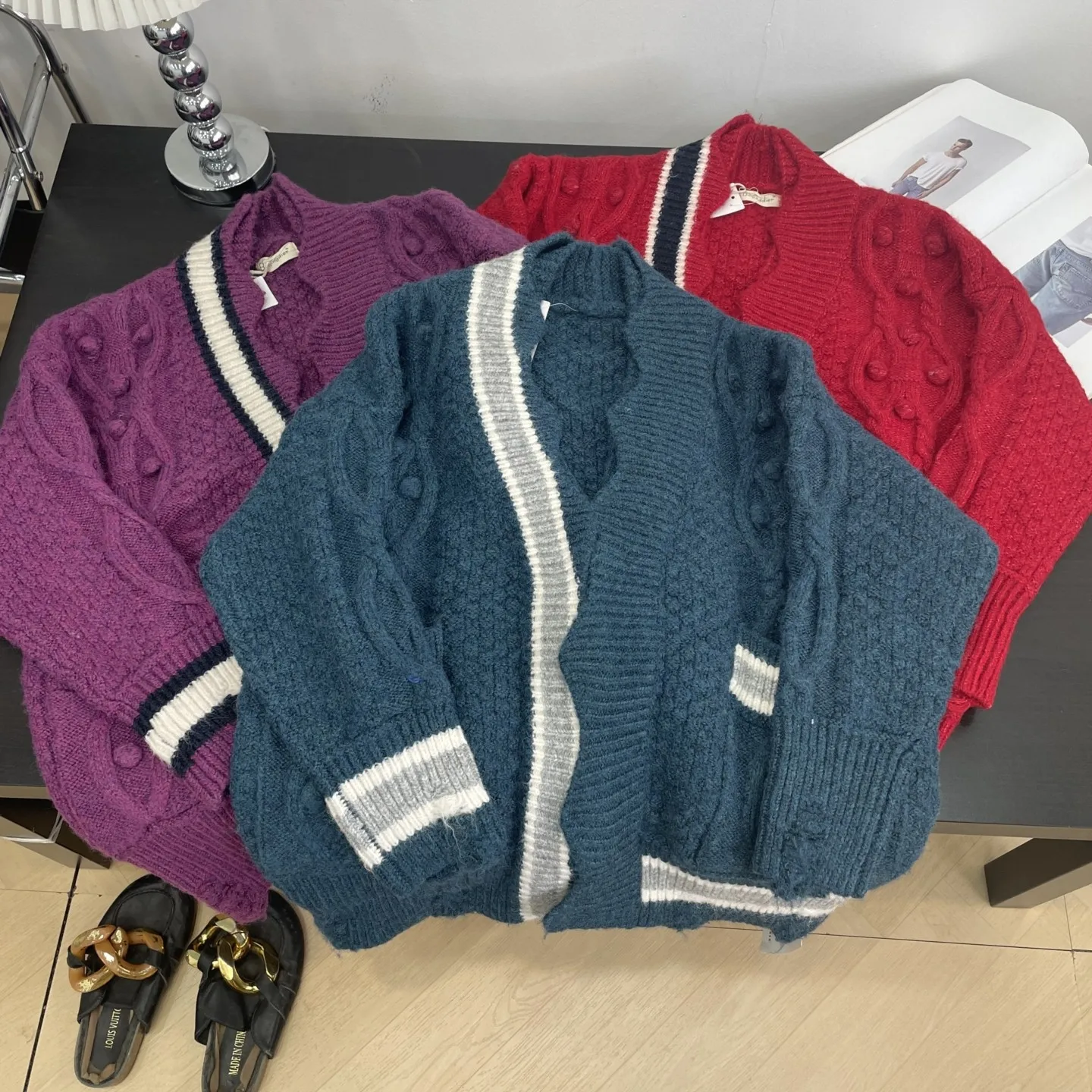 

Loose Women's Open Cardigan Sweater 2 Pieces Korean Sle Lazy Vintage Mid-Length Knitwear Thiened Long Sve Winter Coat