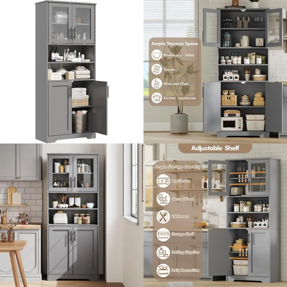 خزانة حمام طويلة قائمة بذاتها مع أبواب زجاجية وأرفف قابلة للتعديل، نموذج خزانة تخزين 67 #1