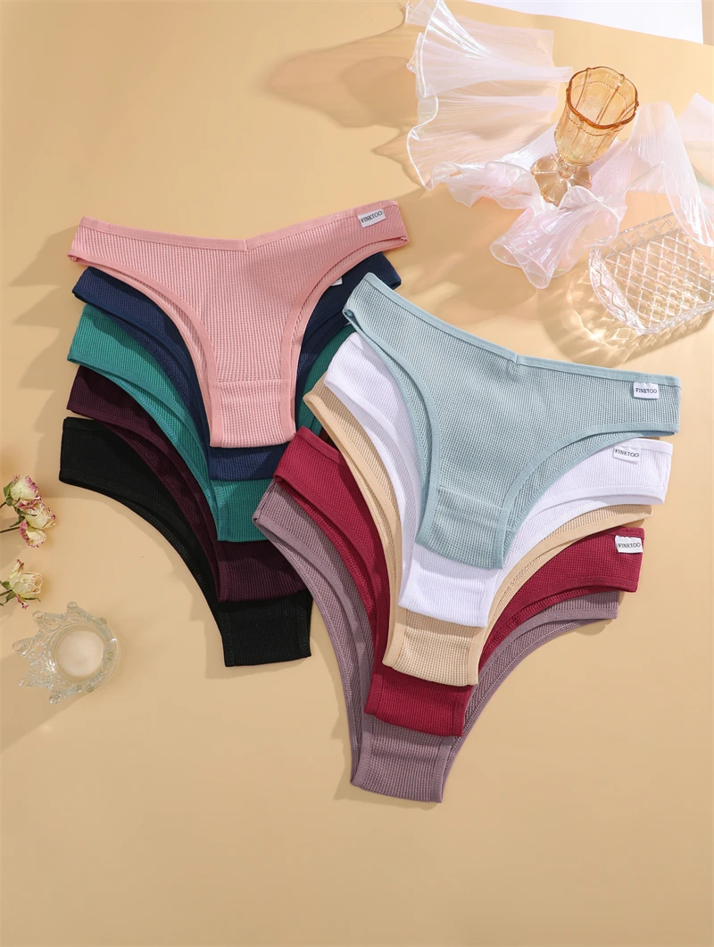 FINETOO 4-teiliges Set Baumwoll-Waffel-Unterhosen im Brasilianischen Stil, Sexy Tiefsitzende Komfortable Unterwäsche, Einfarbige Dehnbare Slips Lingerie – Detail 6