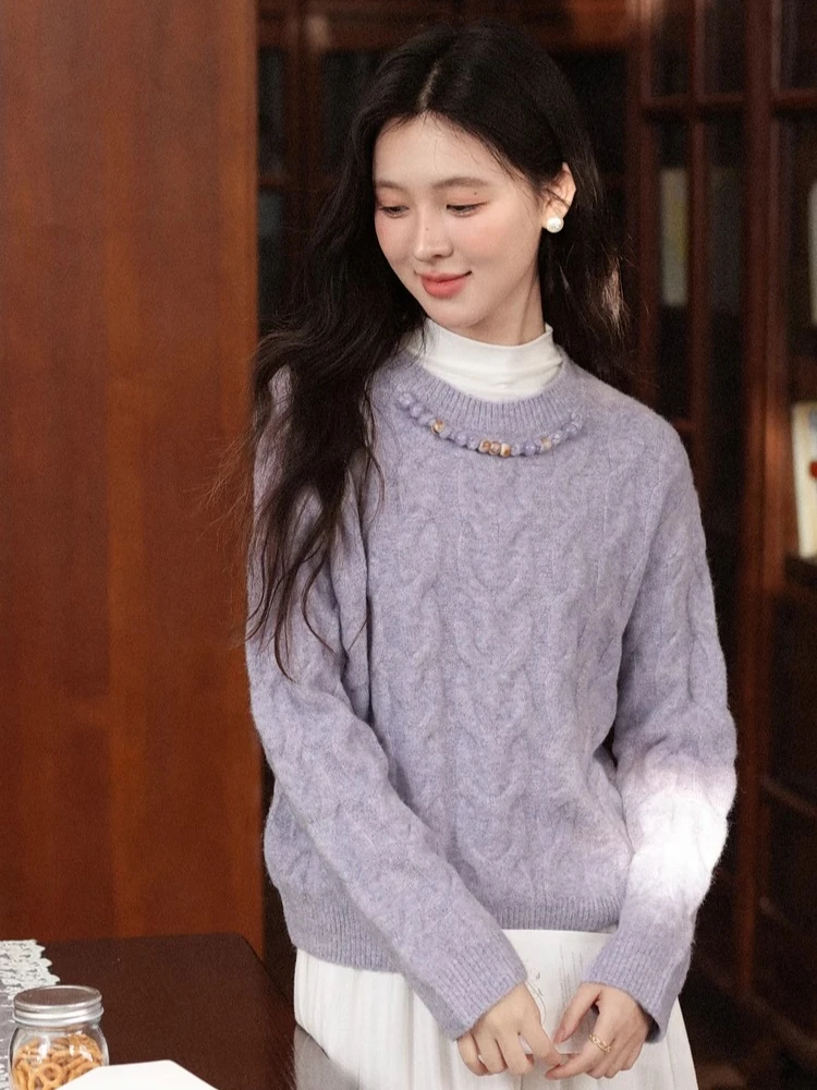 ALXNAN Truien met ronde hals Herfst Gedraaid patroon Kleurrijke kralen Losvallende damestrui Zoete zachte damesgebreide kleding L58901