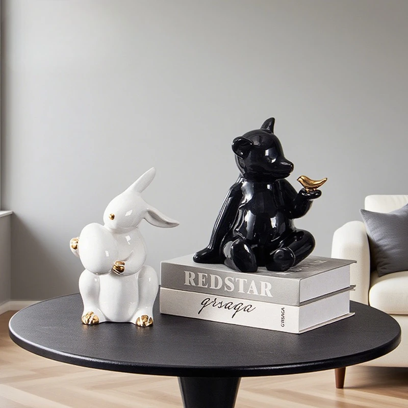 

Modern simple home decoration ceramic black and white rabbit bear creative animal craft jewelry soft decoration