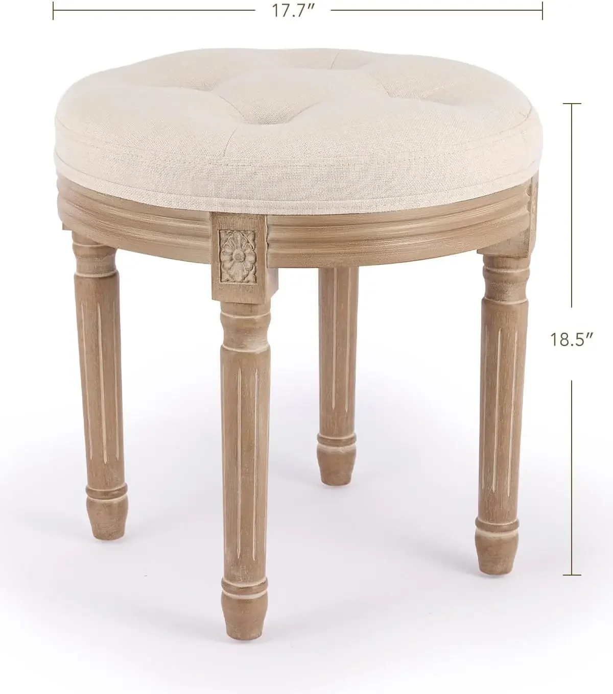 Round Brushed Wood Stool with Diamond Tufting, 18-Inch, Beige