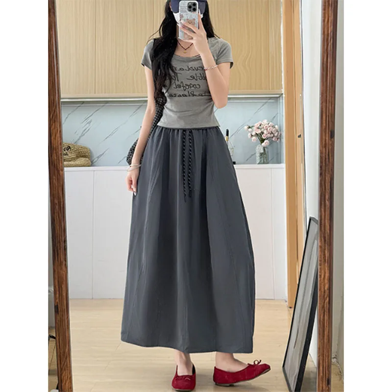 Fotografia 7: Saia Longa Larga Harajuku para Mulheres, Secagem Rápida, Seda de Gelo, Midi, Cor Sólida, Versátil e Casual