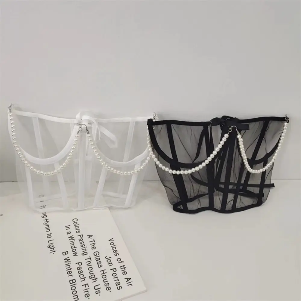 Slimming Pearl Chain Mesh Cummerbunds Transparent Bustiers Tied Female Waistband Dress Girdle Strap Wide Waist Belt Dress