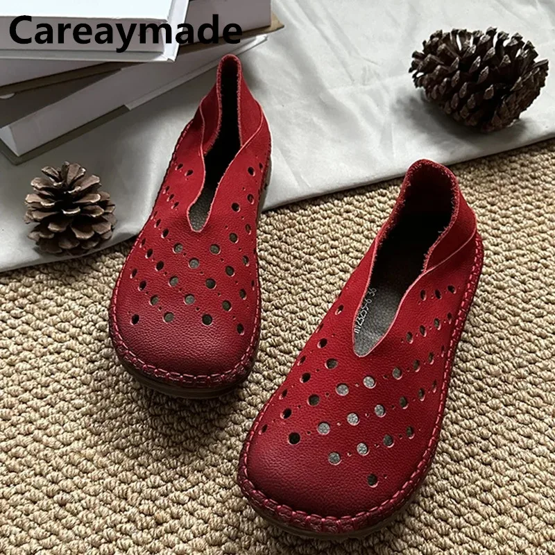 Careaymade-Genuine leather Pure handmade Hollow Shallow Mouth Single Shoes,Casual  Breathable Retro Round Head Flat Bottom shoes