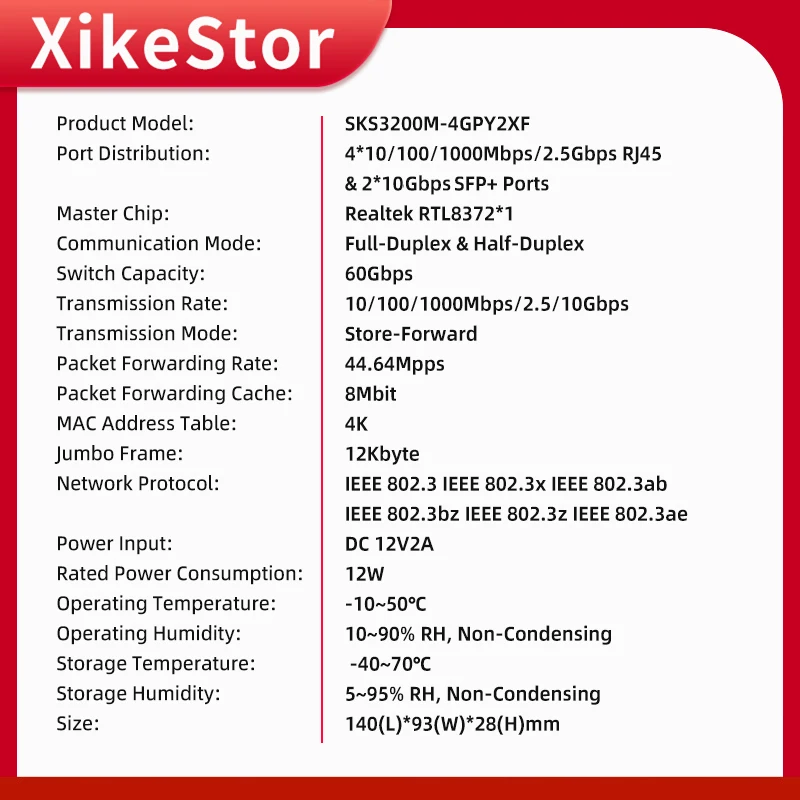 XikeStor 4-Port 2.5G Managed , 2-Port 10G SFP+, LACP/VLAN/QoS/STP/IGMP, Metal, 2.5Gb Ethernet Splitter, Desktop/Wall-Mount