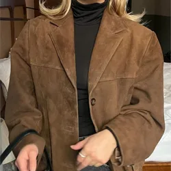 Retro kahverengi süet deri Blazer ceketler kadınlar için moda tek göğüslü cepler yaka kırpma mont 2024 Lady sonbahar giyim