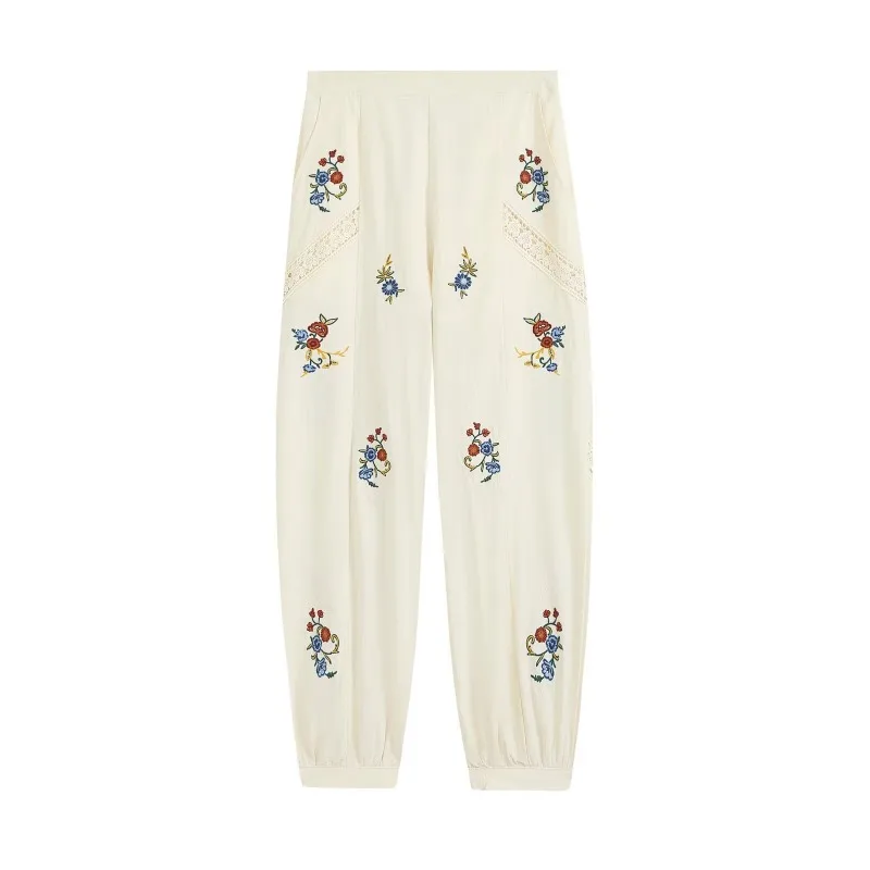 Women S 2026 Autumn New Comfortable To Wear Floral Embroidery Loose Lace Spliced Tapered Harem Pants Date Outfit