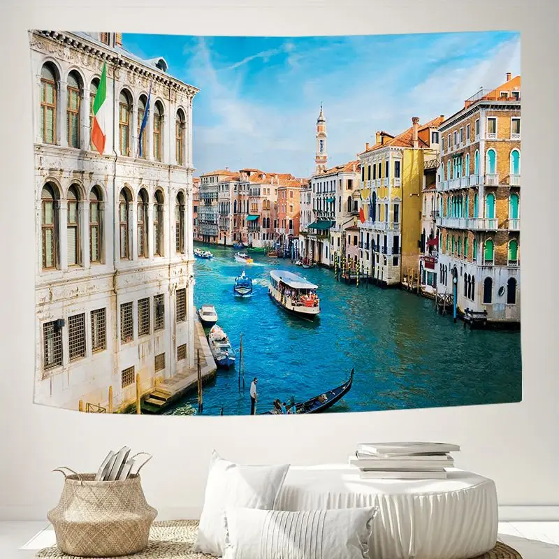 VIKAMA Venice Water City Landscape Hanging Architecture Oil Painting Wind Tapestry Wall Hanging for Bedroom Living Room Decor
