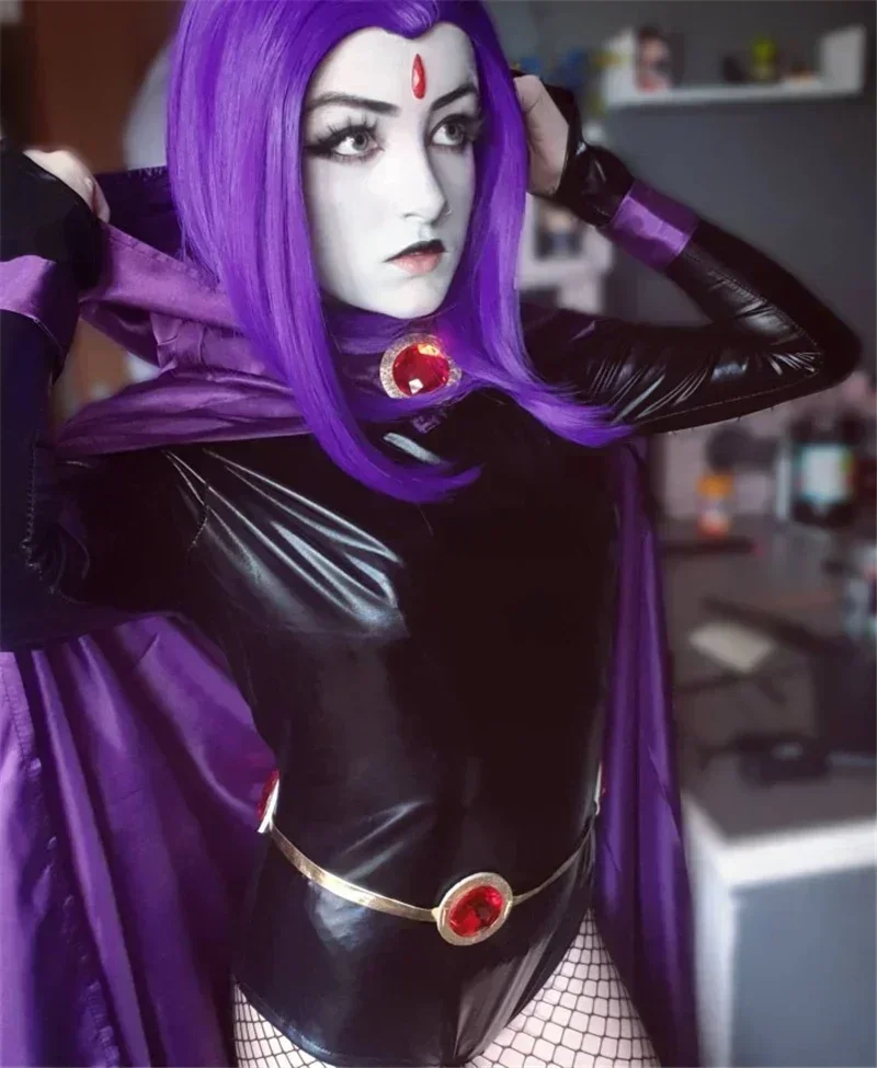 ティーンタイタンズレイブンコスプレ衣装スーパーヒーローマントジャンプスーツ全身タイツハロウィンタイトな服-ケープ-ウエストジュエリーチェーン