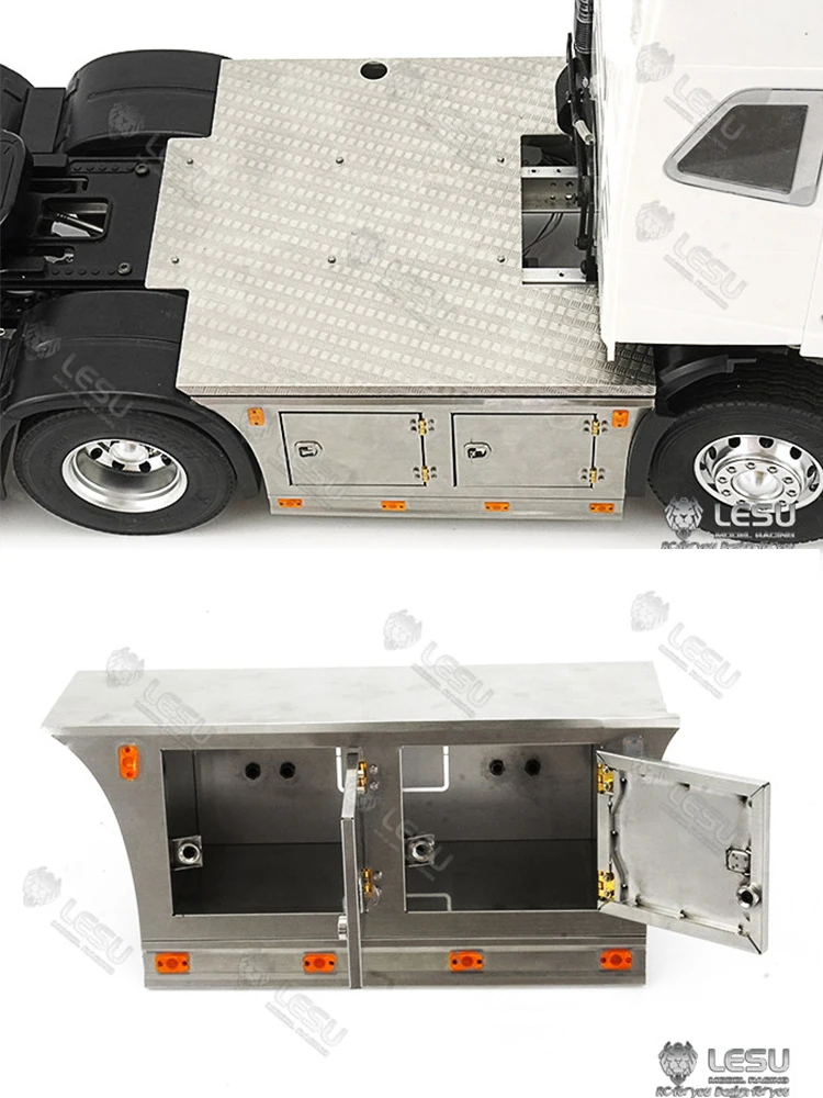 LESU G-6245 Metal Stainless Steel Pedal Side Skirts Tool Box with Lighting Set for Tamiya 1/14 RC Tri-axle Tractor Truck