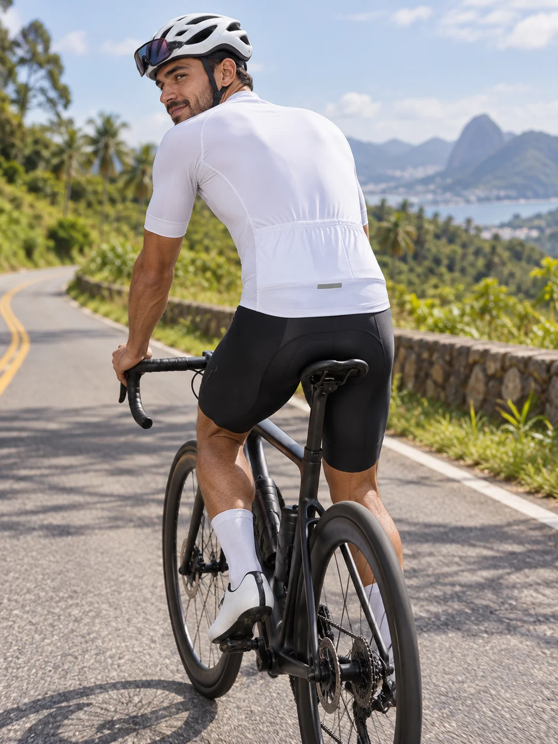 Brazilian Style Men’s Profession Cycling Set, Classic Black/White Jersey with Padded Bib Shorts,for MTB Mountain Road Cycling