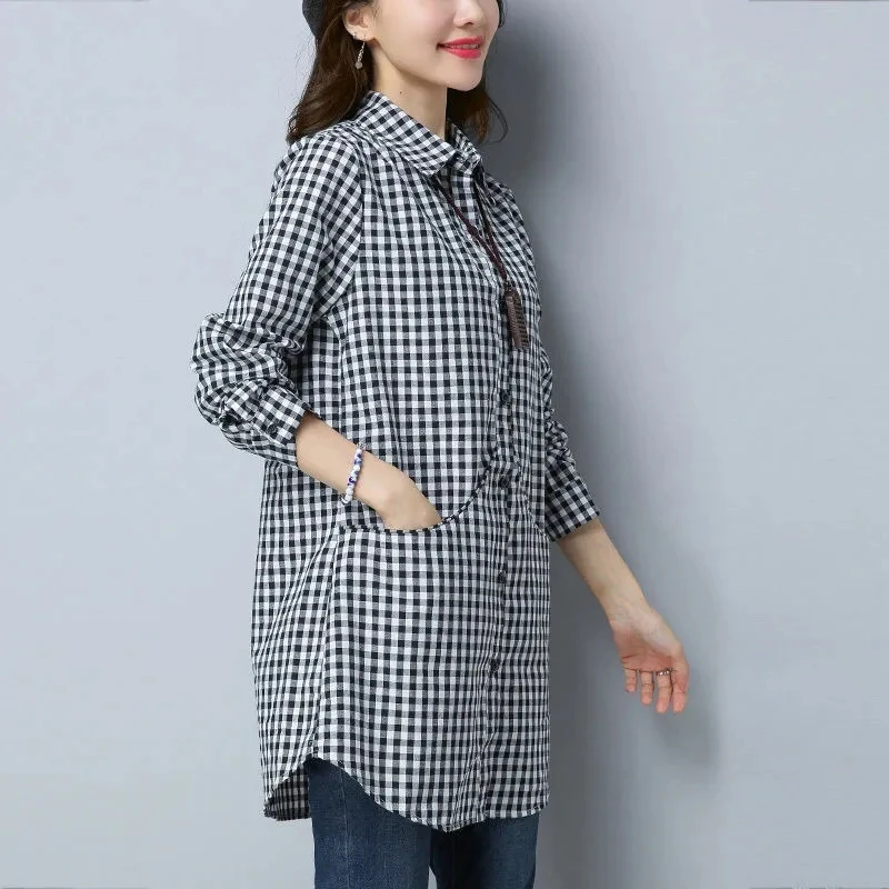 2024 New Cotton Plaid Shirt Women\'s Shirt Tops Long-Sleeved Korean Loose Casual Summer Autumn Thin Blouse Female