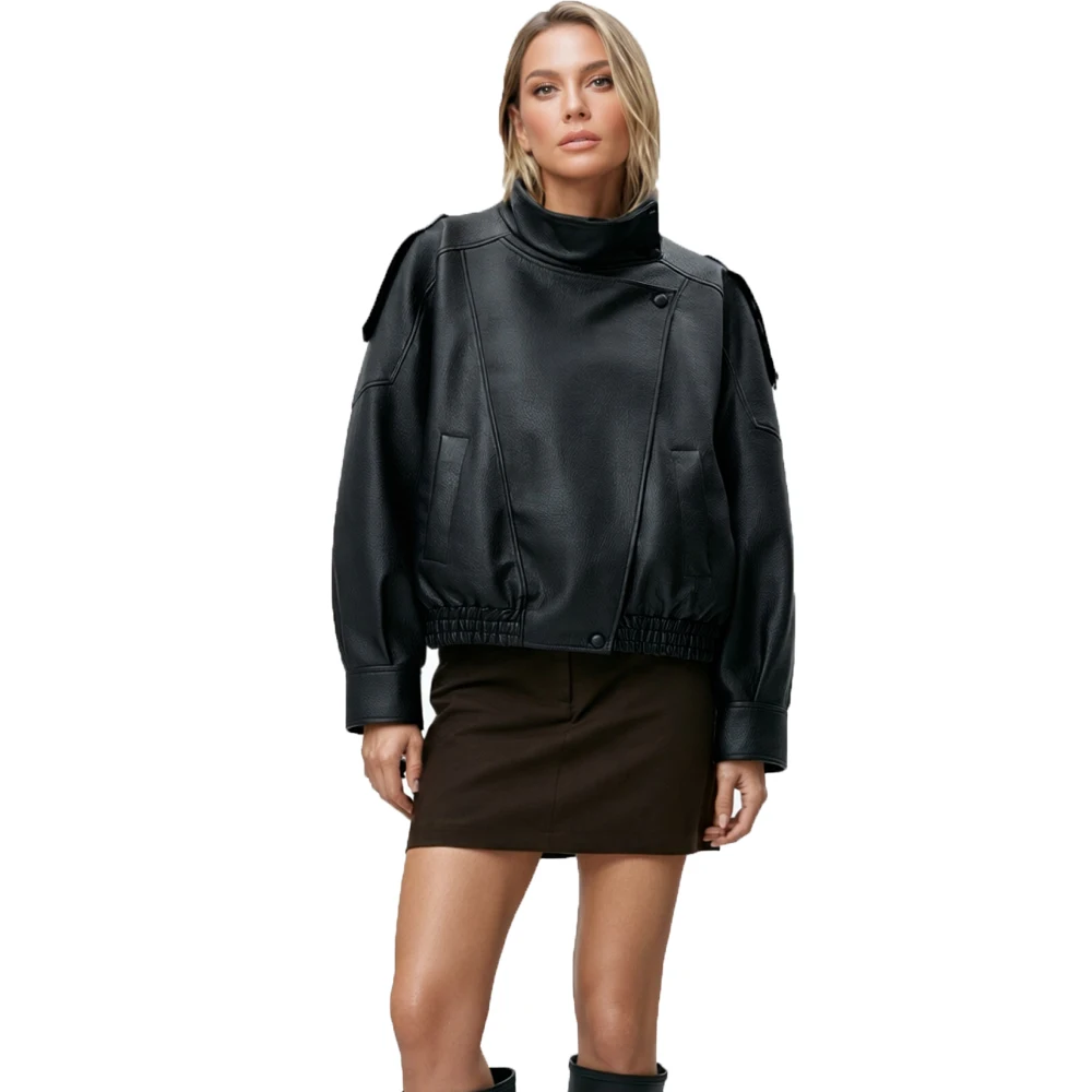 Women Black Faux Leather Jackets Zip-Up Long Sleeve Oversize Bomber Jacket Outerwear Autumn Winter Pu Motorcycle Biker Coats