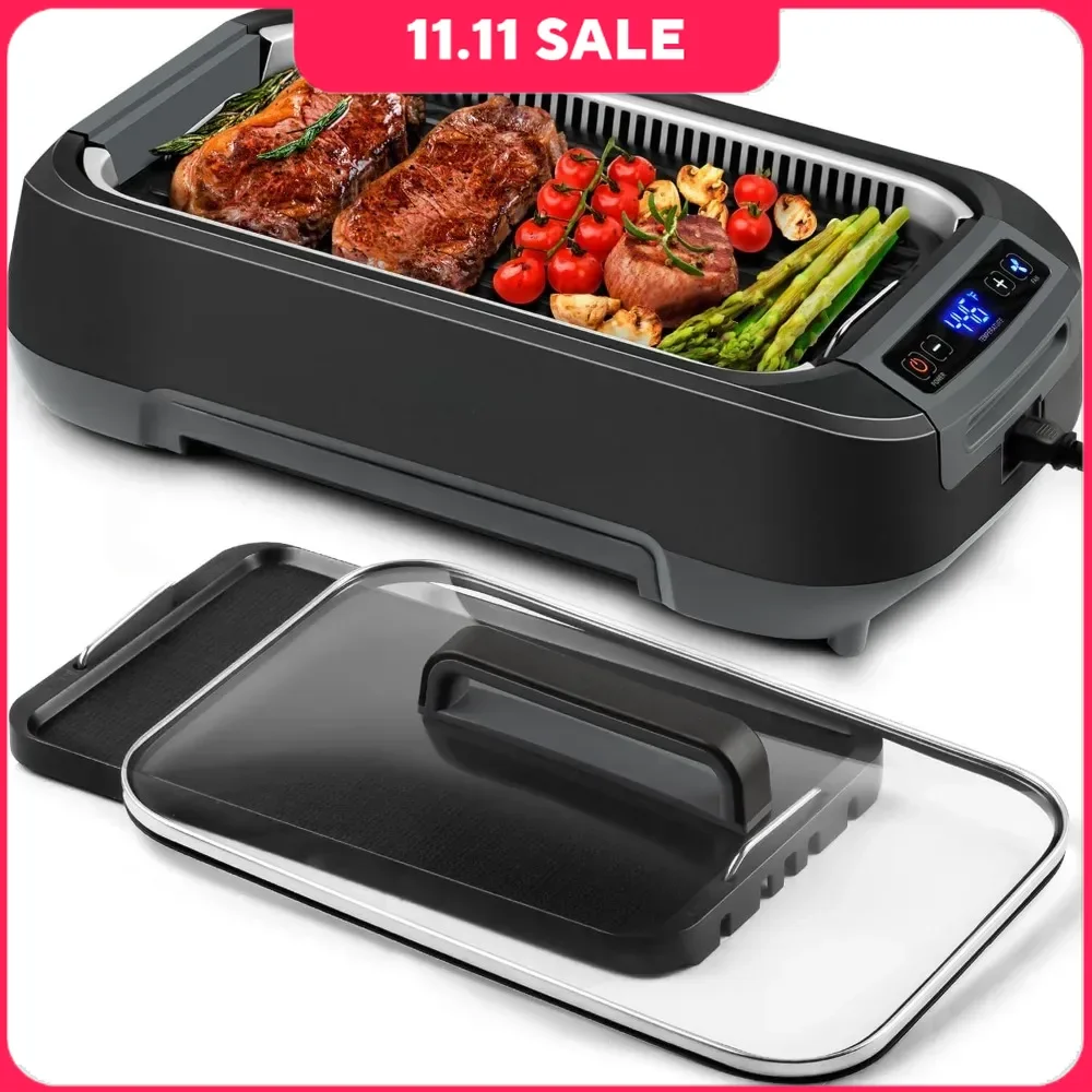 

Electric Grills, Smokeless Indoor Grill W/ Non-stick Removable Grill, LED Smart Display & Tempered Glass Lid, Electric Griddles