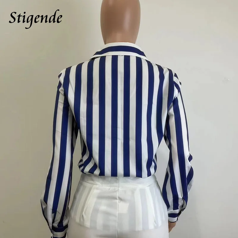 Stigende White Blue Striped Shirt Women Elegant Lapel Neck Button Blouse