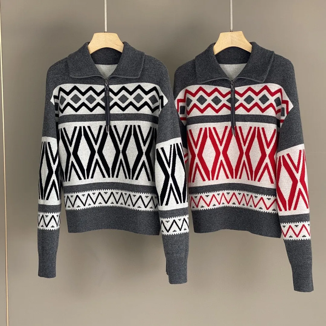 Geometric Patterns Women's Cashmere Sweater Autumn Winter Half Zipper Turn-down Collar Long Sleeve Vintage Ladies Knit Pullover