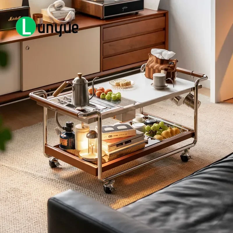 Japanese Style Seared Stone Top Coffee Table Solid Wood IGT Camping Table with Wheels Movable Outdoor Furniture for Patio