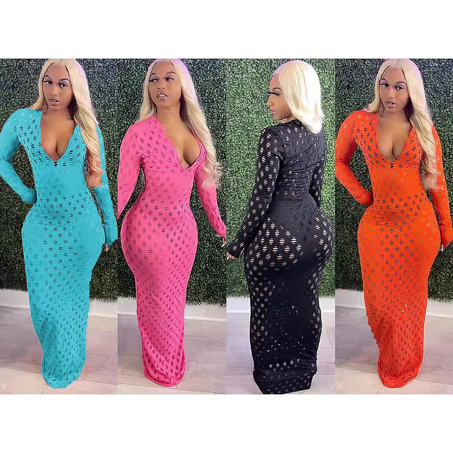 Sexy Deep V Zipper Mesh Cutout Dress Dresses Spring Summer Long Evening Gown
