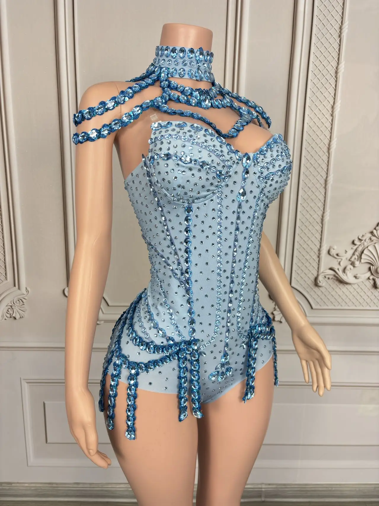 Tianlan-mono con corsé Sexy, chal con cuello desmontable, traje de actuación de Bar con diamantes de imitación azules, vestido de baile de celebridades