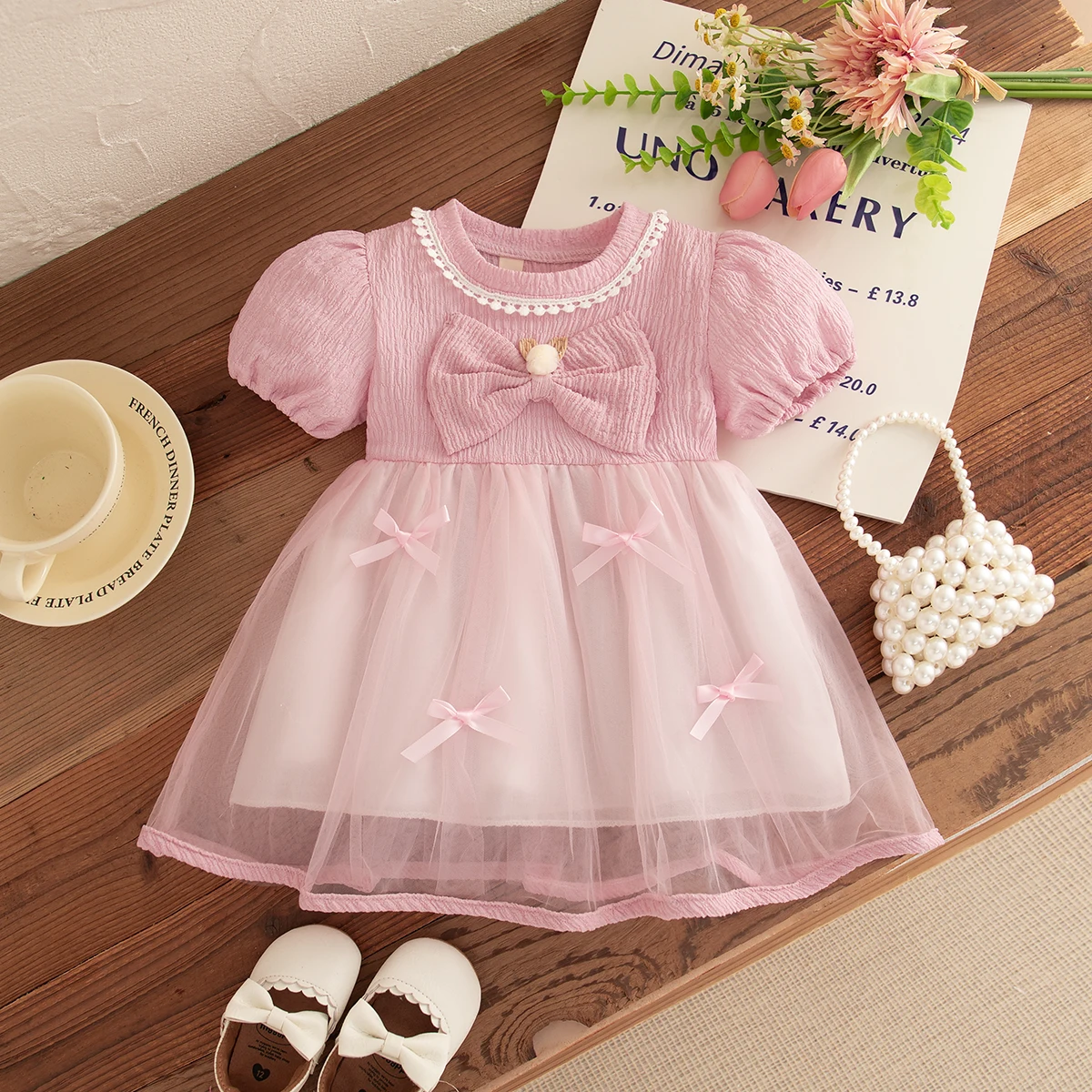0-2 Years Baby Girl Dress Mesh Bow Dress Cute Bear Decoartion Pink Children Clothing Korean Style Toddler Kids Costume