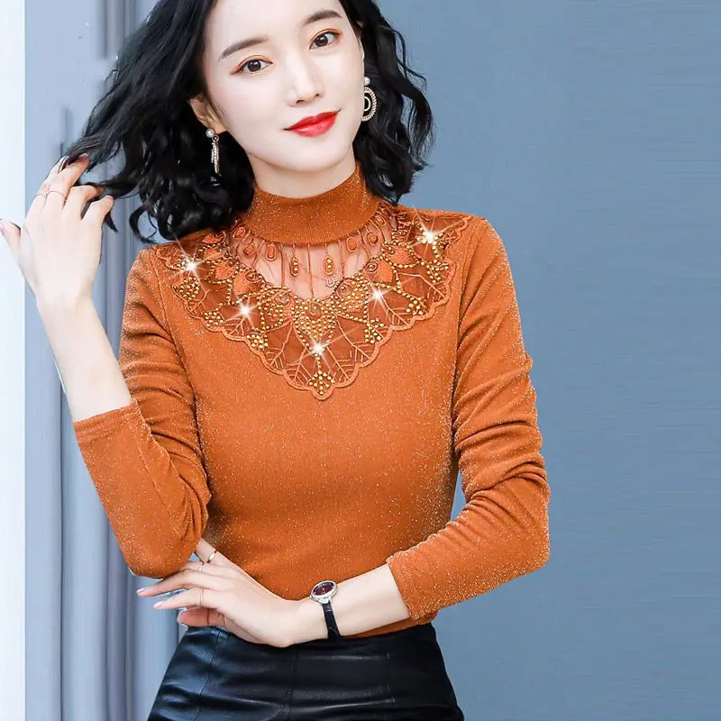 

Hollow Out Lace Patchwork Slim Bottoming Shirt Spring Autumn New Long Sleeve Solid Thin Tops Tees Elegant Vintage Women Clothing