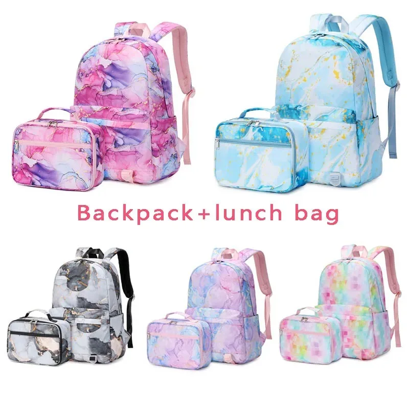 2 pcs Colorful Bookbag Girls Boys Kids Backpack with Lunch Bag Rucksack Casual School Bags for Student Teenagers Women Sets