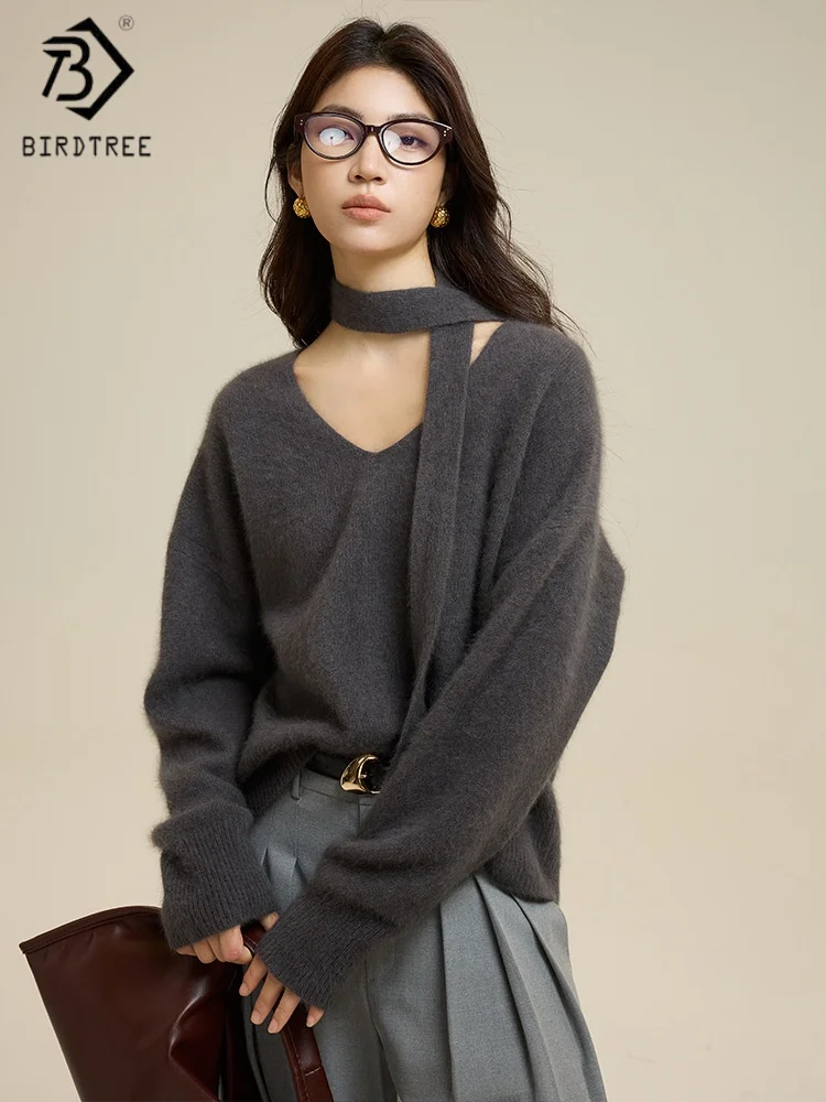 

Birdtree, вязаный свитер из овечьей шерсти 30,2%, женский однотонный трикотаж с v-образным вырезом и длинными рукавами, осенний розовый серый пуловер 2025 T59925JF