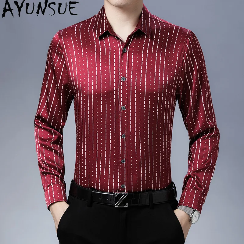 AYUNSUE Red Mens Shirts 92.5%mulberry Silk Shirt for Man Spring Autumn Long-sleeved Fashionable Striped Satin Silk Tops рубашка