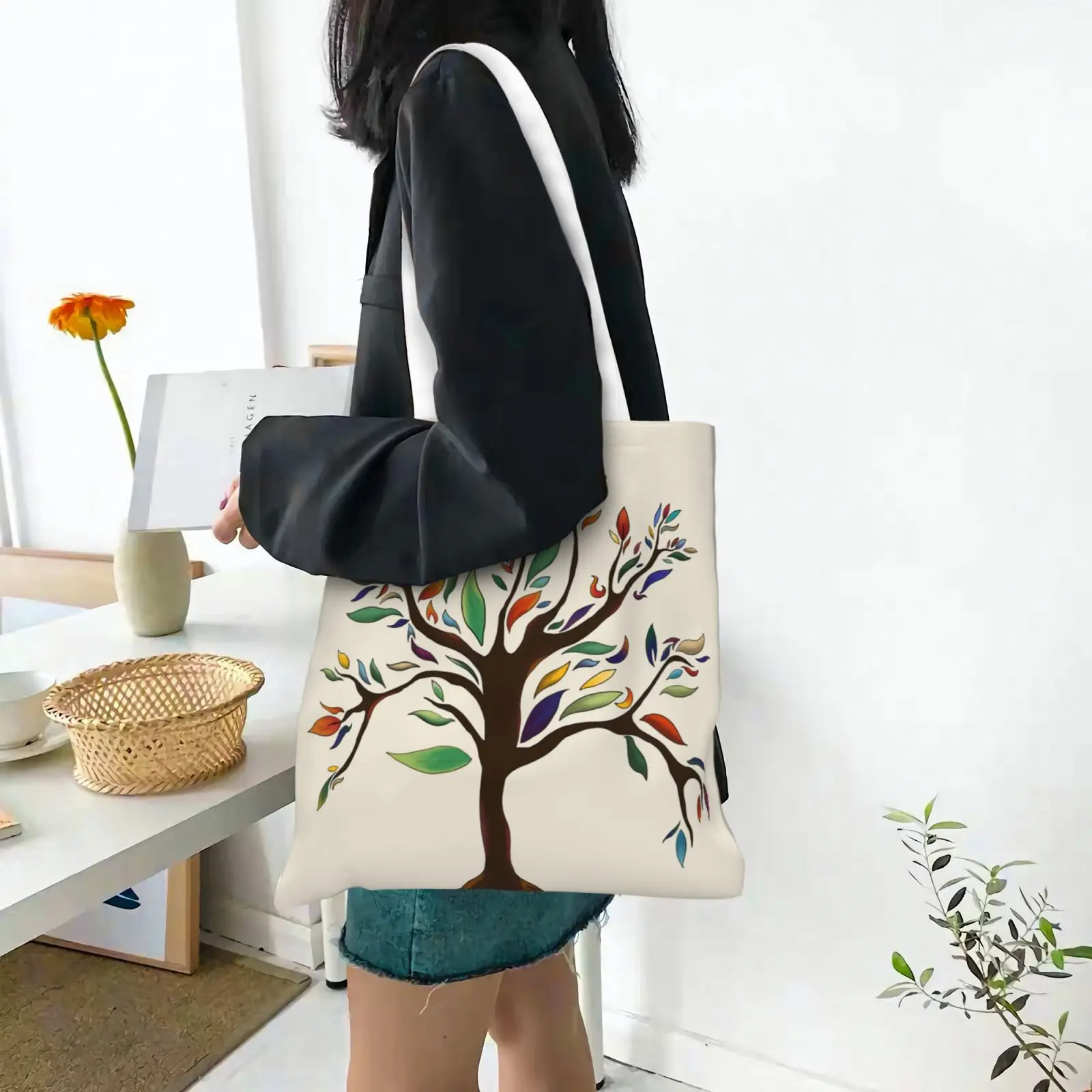 Woman's Shoulder Bag Tree Pattern Tote Bags Canvas Shoulder Bags for Travel Daily Commuting Women's Reusable Shopping Bag