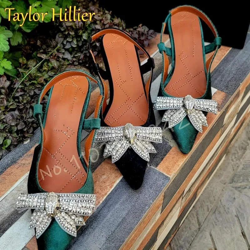 

Rhinestone Bow Mary Jane Shoes Pointed Toe Low Heel Pumps Fashionable Blue Suede Shallow Mouth Luxury Dress Women'S Shoes Autumn