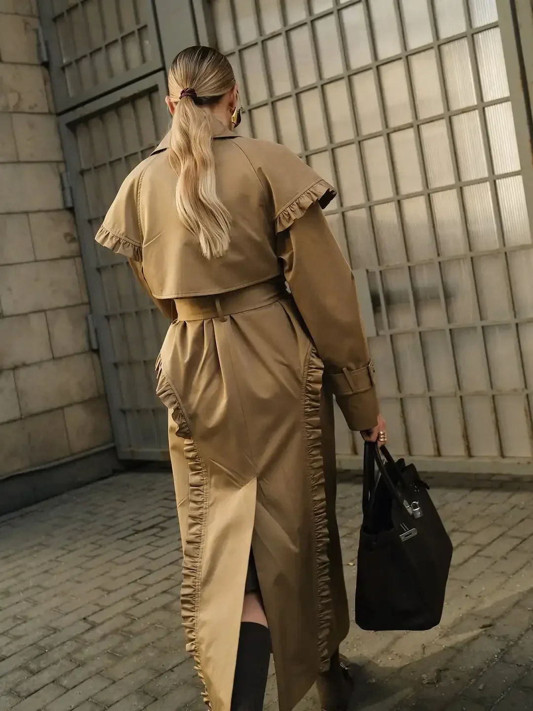 Women Ruffle Trim Long Trench Coat Double Breasted Belted Waist Lapel Collar Cape Long Sleeve Outerwear Elegant Lady Overcoat
