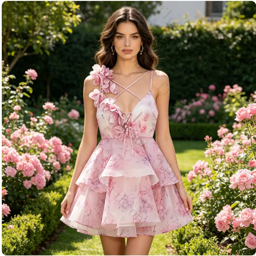 Customized Pink Floral Print Mini Dress with 3D Flower Applique Spaghetti Strap Backless Ruffled Party Light Gown for Dating