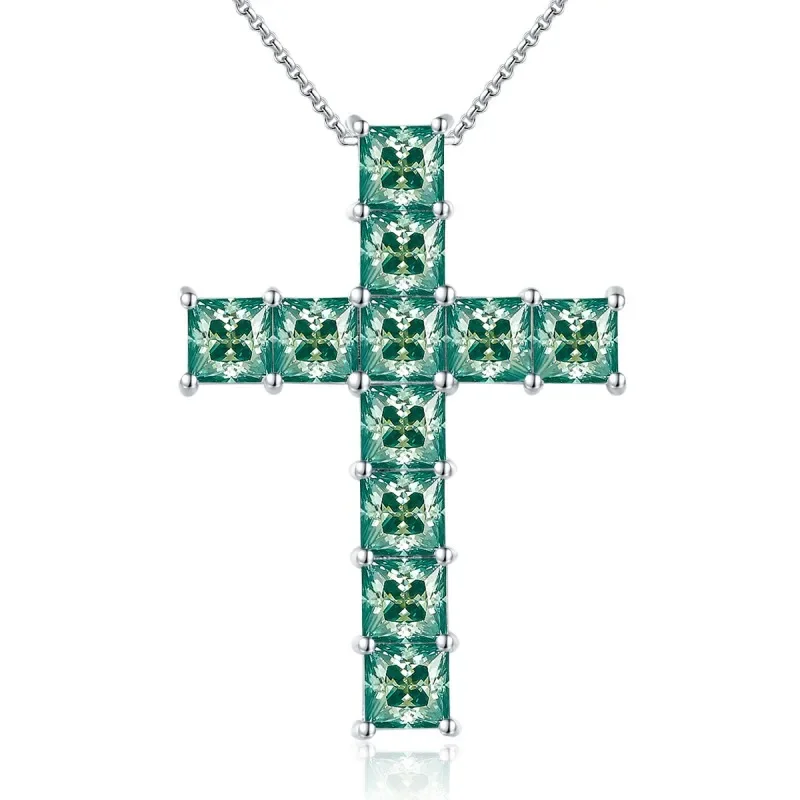 Follow Cloud 5.5mm 11 Carats Green All Moissanite Diamond Cross Pendant Necklace for Women Sterling Silver S925 Fine Jewelry