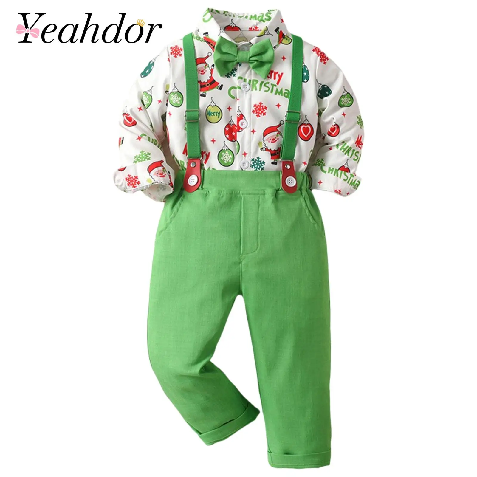 

Toddler Boys Christmas Outfit Santa Print Gentleman Suit Long Sleeve Shirt Bowtie Y-back Suspender Pants for Xmas Birthday Party