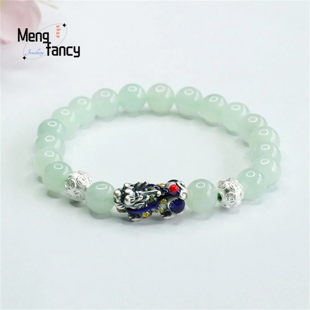 

Natural Myanmar A-goods Jadeite S925 Silver Pixiu Copper Money Bracelet Exquisite Elegant High-grade Luxury Quality Fine Jewelry