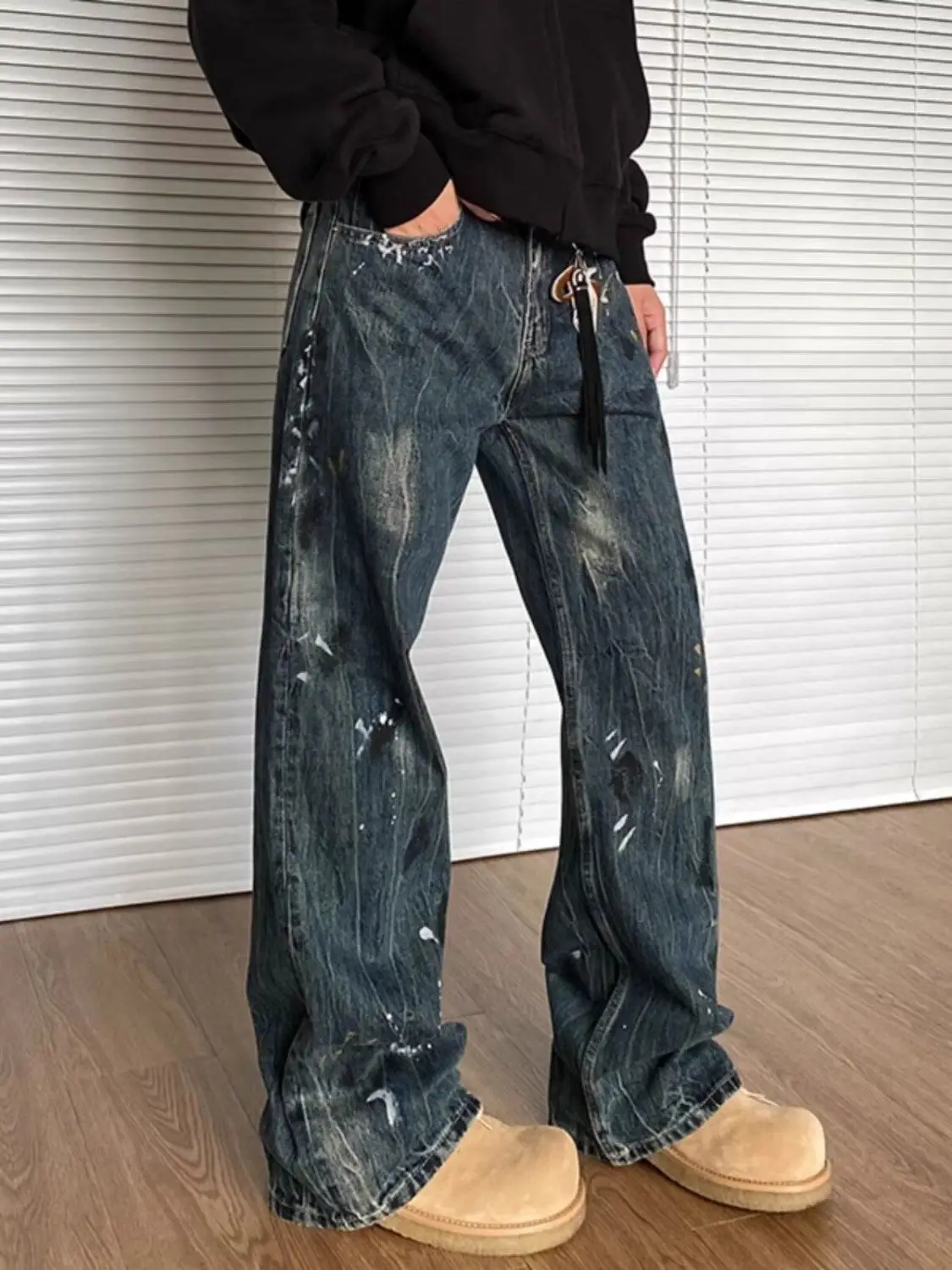 Jeans retrò con design a inchiostro spruzzato High street lavati da uomo e da donna street tie dye pantaloni casual larghi con gamba dritta allentata americana